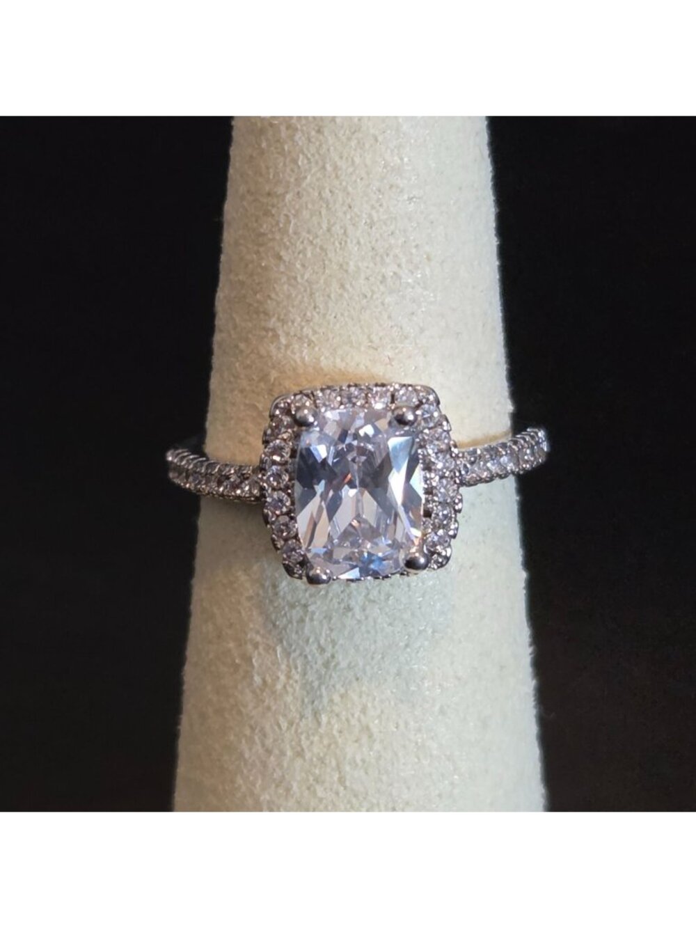 Cushion Cut Halo Cubic Zirconia Sterling Silver Band Cocktail Ring Size 5.5